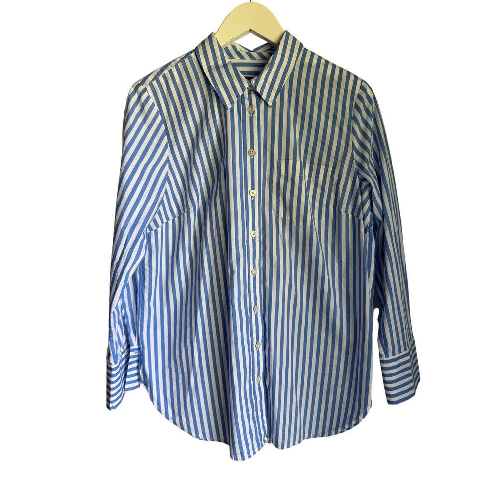 Talbots Blue White Striped Button Down Shirt Medium 100% Cotton Classic Preppy